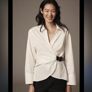 Anthropologie White Long Sleeve Belted Buckle Blouse Size XXS